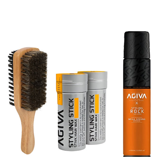 For a tight ponytail: Agiva stiffening spray + Agiva stick wax + Agiva fade brush